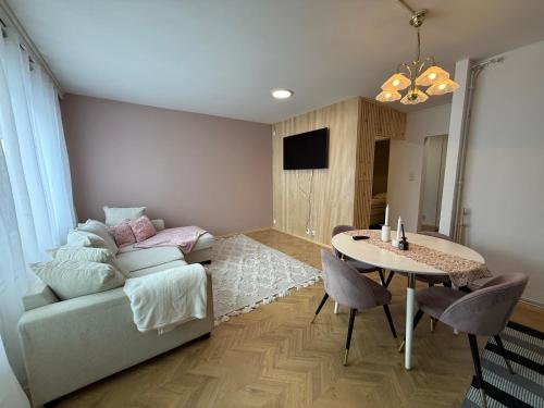 a living room with a couch and a table at Central Kauppakatu Apartment in Joensuu