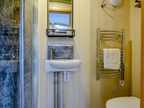 a bathroom with a sink and a toilet and a mirror at 1 Bed in Rhayader oc-90284 in Saint Harmon