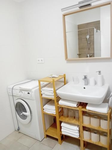 a bathroom with a sink and a washing machine at Berki Apartman in Körmend