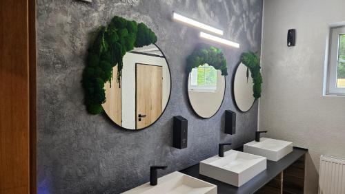 ein Badezimmer mit zwei Waschbecken und zwei Spiegeln an der Wand in der Unterkunft Hotel Alf in Borovany