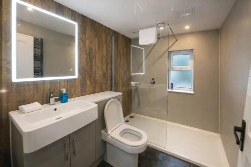 a bathroom with a toilet and a sink and a shower at The Croft in Ramsey