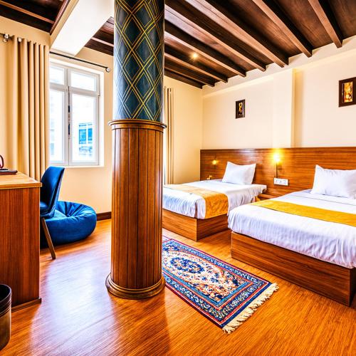 a hotel room with two beds and a chair at Hotel Ambrosia in Gangtok