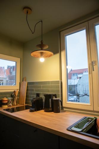 a kitchen with a counter and two windows at The Painters Loft sleeping among the art in Haarlem