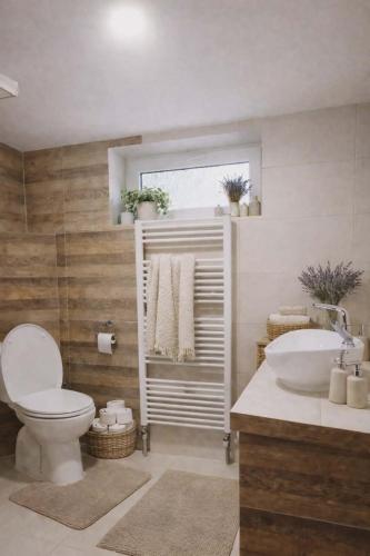 a bathroom with a toilet and a sink at Chata pod kopcom in Žarnovica