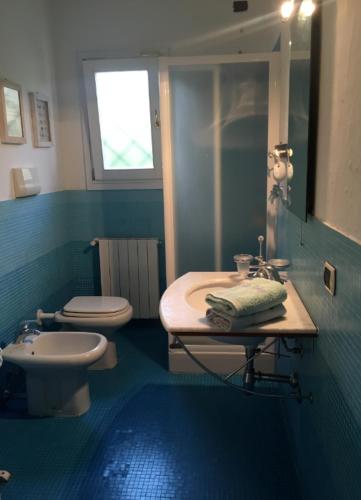a bathroom with a sink and a toilet and a mirror at Villa Babsy con piscina privata in San Teodoro