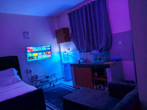 a room with a purple room with a bed and a tv at Silverline Suite in Kitengela 