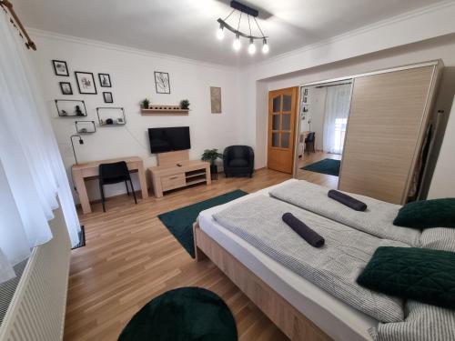 a bedroom with a bed and a desk and a television at Kinizsi Apartman in Miskolc