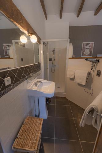 a bathroom with a sink and a shower at La Maison Rouziès in La Bastide-lʼÉvêque