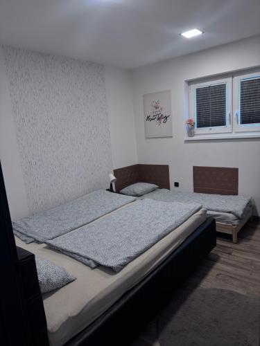 two twin beds in a room with two windows at j ONE Apartmány in Pardubice
