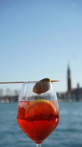 a glass of wine with a slice of orange in it at Gabrielli Luxury Apartments Venezia - Starhotels Collezione in Venice