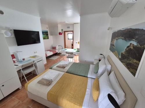 a bedroom with a bed and a desk and a television at Caminhos nos Levam pela Ilha in Ponta Delgada