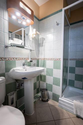 a bathroom with a sink and a shower at Marben Panzió in Hegykő