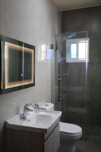 ein Badezimmer mit Toilette, Waschbecken und Dusche in der Unterkunft Angela chalet in Kfar Roummâne