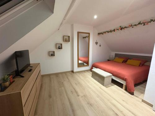 a bedroom with a red bed and a television at Appartement douillet in Haspres