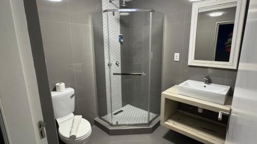 a bathroom with a shower and a toilet and a sink at Ngandu at Sea in Meersig