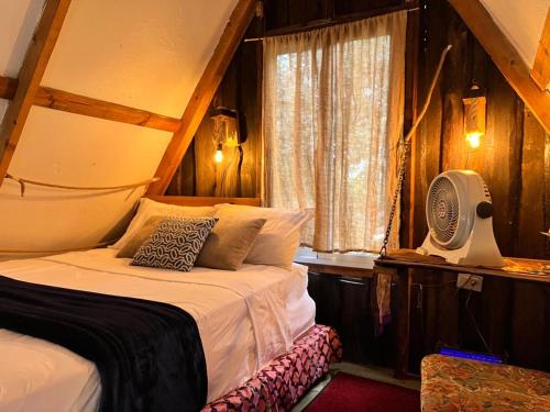 a bedroom with a bed and a fan and a window at Canada House Queen bed in 2nd floor dbl sofa bed in 1st floor BBQ Private pool, river in Jarabacoa