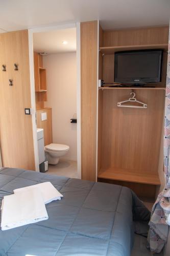a bedroom with a bed and a tv and a toilet at CAMPING & SPA CAP SOLEIL in Vias