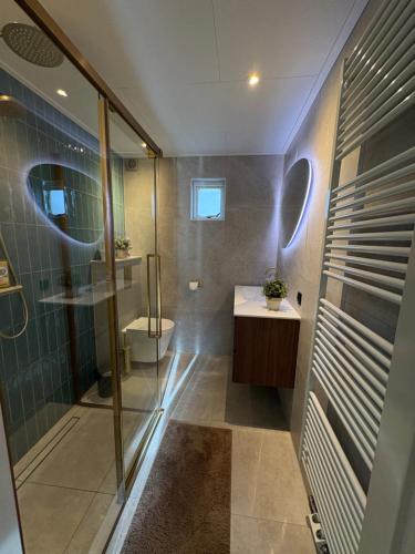 a bathroom with a shower and a sink and a toilet at Kijkduinhuis in Monster