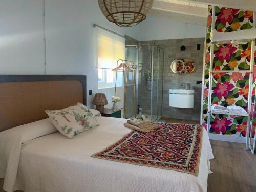 a bedroom with a bed and a glass shower at Loft La buena vida in Peñaranda de Duero