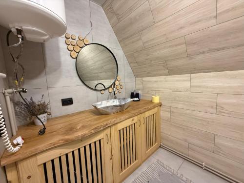 a bathroom with a sink and a mirror at Aframe in Skhidnitsa