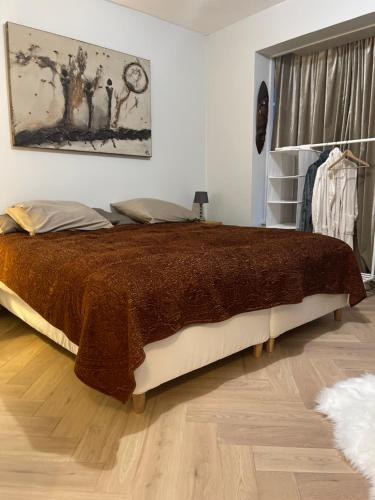 a bedroom with a bed with a brown blanket at logies One Room, Sea view in Ostend