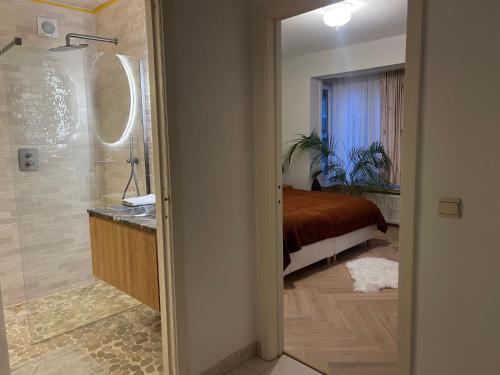 a bathroom with a shower and a bedroom with a bed at logies One Room, Sea view in Ostend