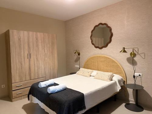 a bedroom with a bed and a mirror on the wall at Apartamentos Turísticos La Terraza* in Las Cabezas de San Juan