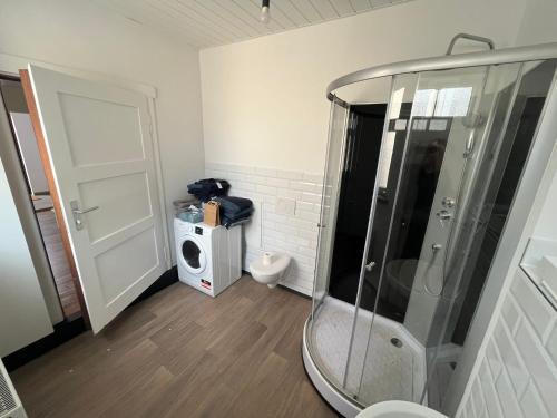 a bathroom with a shower and a toilet at ehemalige Kirche in neuem Glanz in Oranienbaum-Wörlitz