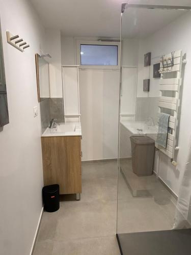 a bathroom with a shower and a sink and a toilet at Gîte sur Loue in Ornans
