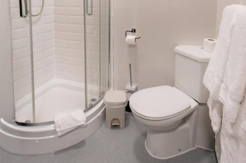 a white bathroom with a toilet and a shower at Lower Turks Head in Manchester