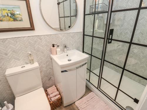 a bathroom with a toilet and a sink and a shower at The Summerhouse in Keighley