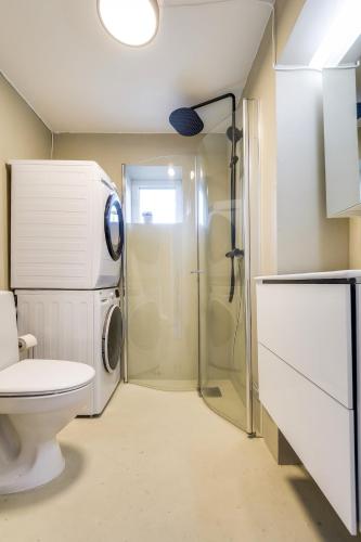 a bathroom with a toilet and a shower at Spacious Five Bedroom Central Oslo in Oslo