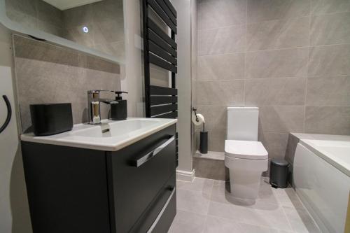 a bathroom with a sink and a toilet at Restful Riverside Residence in Morton