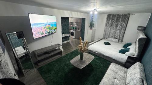 a living room with a couch and a tv at Stylish Studio Flat JQ close to Villa Park & Utility Arena in Birmingham
