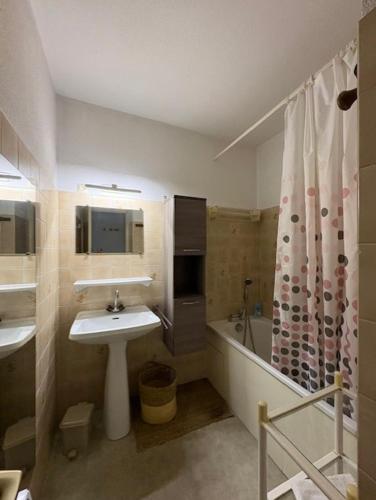 a bathroom with a sink and a bath tub at Hôtel Studios Les Acacias in Saint-Paul-lès-Dax