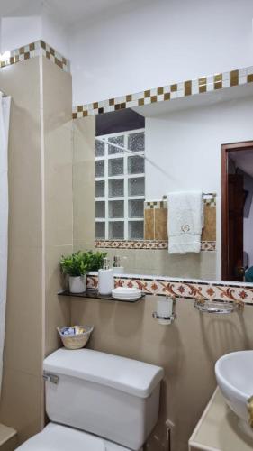 a bathroom with a white toilet and a sink at Hatuchay Inka Apart Hotel in Cajamarca