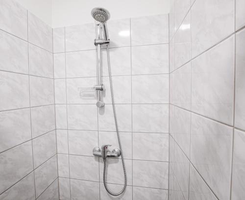 a shower with a shower head in a bathroom at Ubytování Smějsík in Blatnice