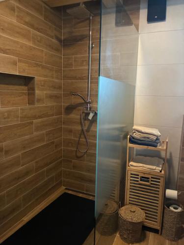 a shower with a glass door in a bathroom at Chata v Oščadnici - Slniečko in Čadca