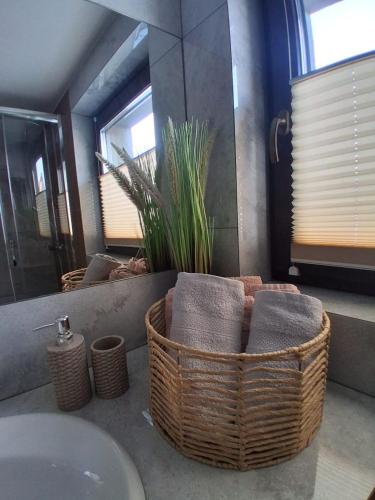 a bathroom with a sink and a mirror at Apartament pod Lipa blisko Term Chochołowskich in Ratułów