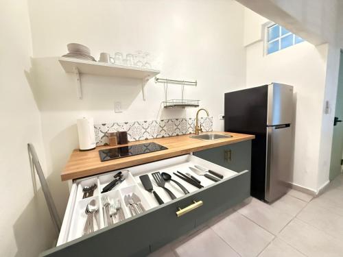 eine Küche mit Herd und Kühlschrank in der Unterkunft Bright and Spacious 1 BR in San Juan