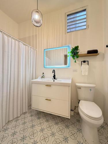 un bagno con un water, un lavandino e uno specchio di Bright and Spacious 1 BR a San Juan