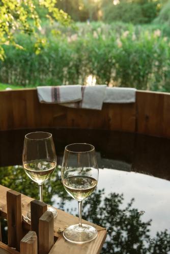 two glasses of white wine sitting on a table at Kökényház vendégház in Kötcse
