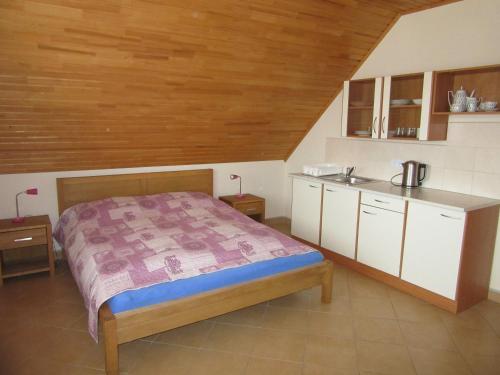 een keuken met een bed en een wastafel in een kamer bij Apartments Centrum in Liptovský Mikuláš