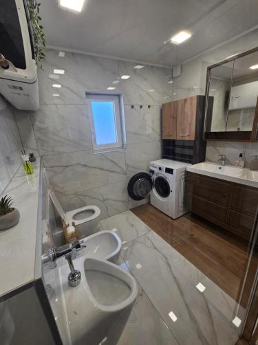 a bathroom with two sinks and a washing machine at Fisherman's Lounge in Izola