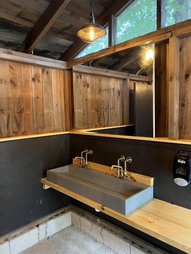 a bathroom with a sink with two faucets at Ferncrest Campground in Greentown