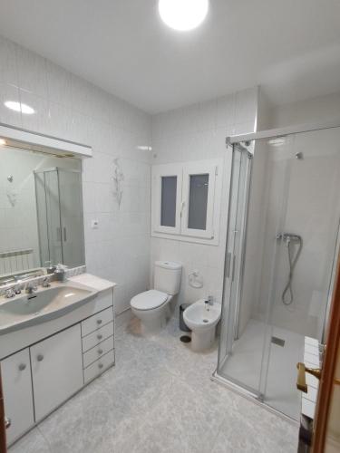 a bathroom with a toilet and a sink and a shower at Alojamiento La Tortuga in Las Navas del Marqués