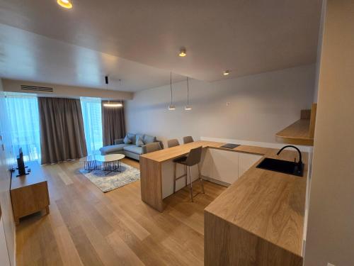 a kitchen and living room with a couch and a table at Apart HOTEL VOGH OLIMP - S605 in Văleni