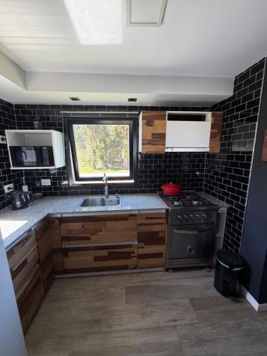 a kitchen with a sink and a stove at Sol de campo in Santa Clara del Mar