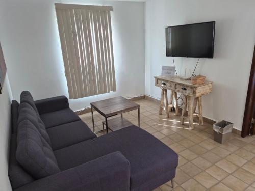 a living room with a couch and a tv at Casa del Árbol Querétaro in Querétaro