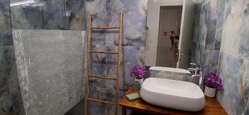 ein Badezimmer mit einer Toilette und einer Leiter darin in der Unterkunft Les Gites Capra - Papaye in Bouillante